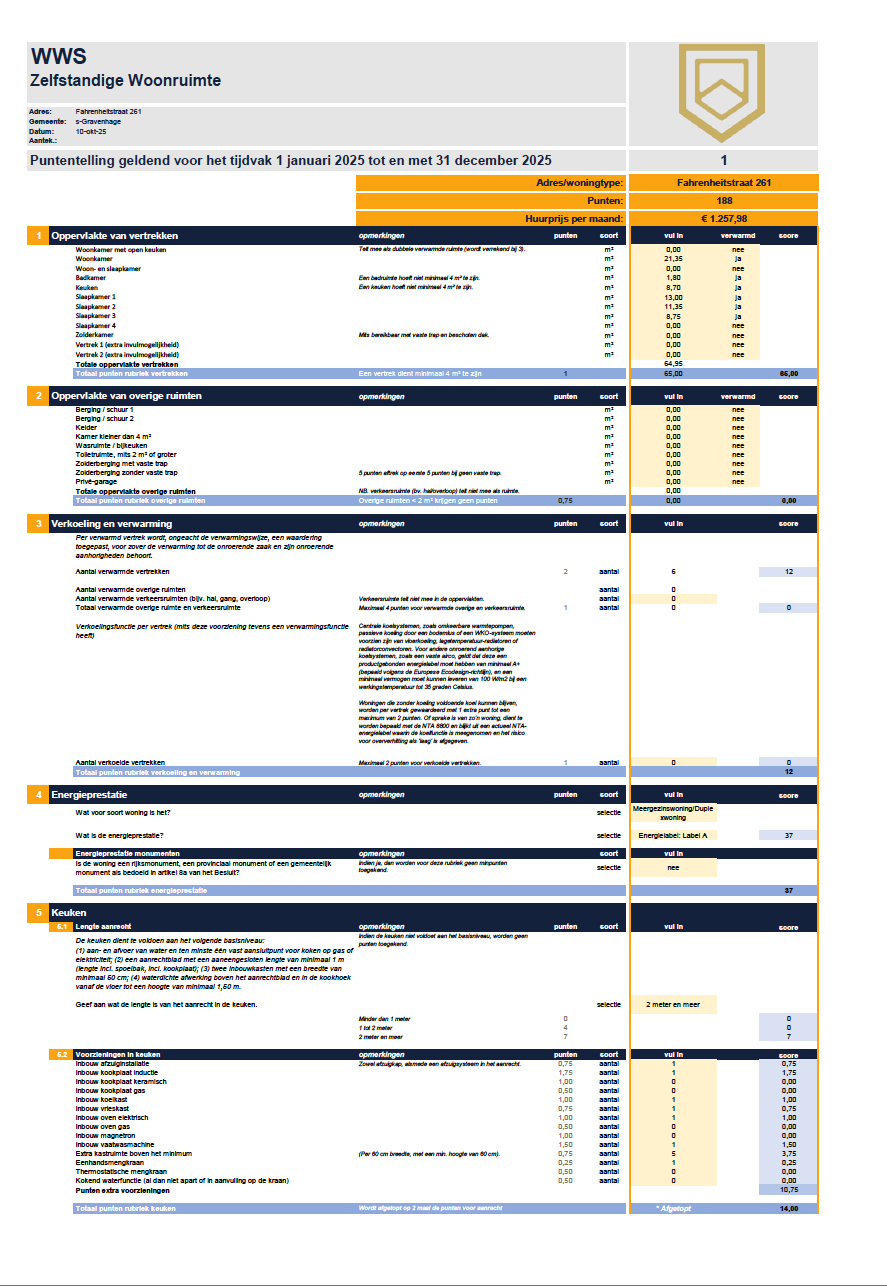 Voorbeeld WWS-rapport met gedetailleerde puntentelling, categorieën en berekeningen - professioneel opgeleverd einddossier
