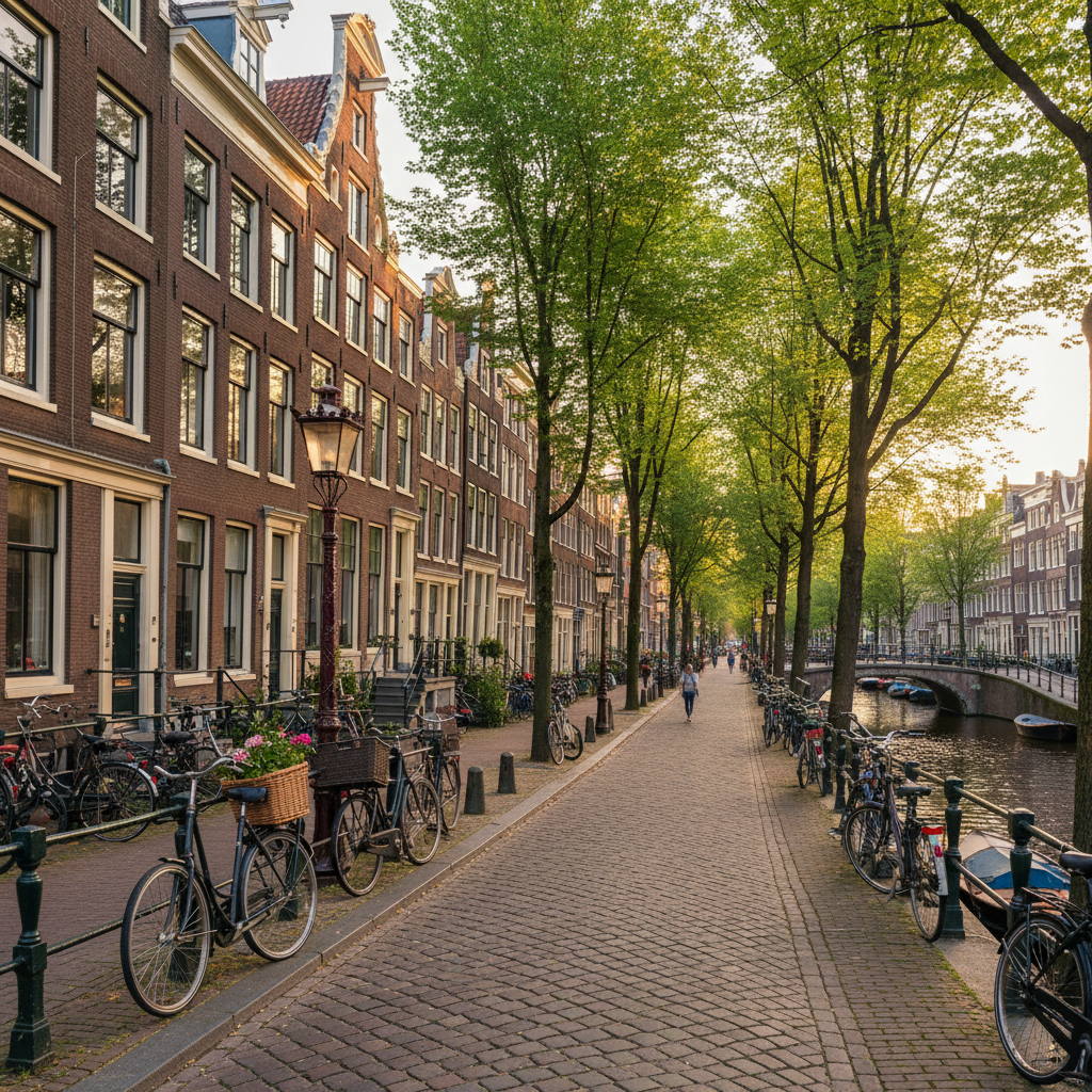 Prachtige Amsterdam woonstraat met rij traditionele grachtenpanden en fietsen