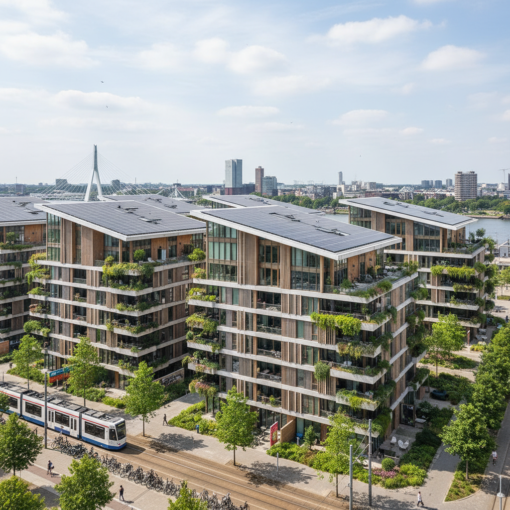 Moderne duurzame woningontwikkeling in Rotterdam met zonnepanelen en groene architectuur
