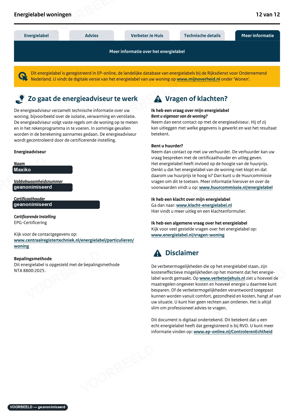 Energielabel — pagina 12 van 12, geanonimiseerd voorbeeld